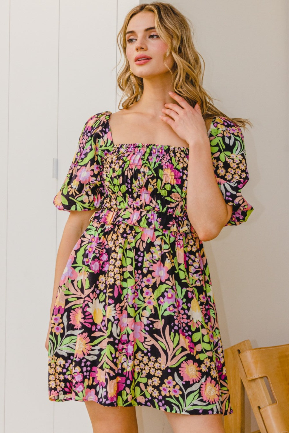 ODDI Full Size Floral Tie-Back Mini Dress-4