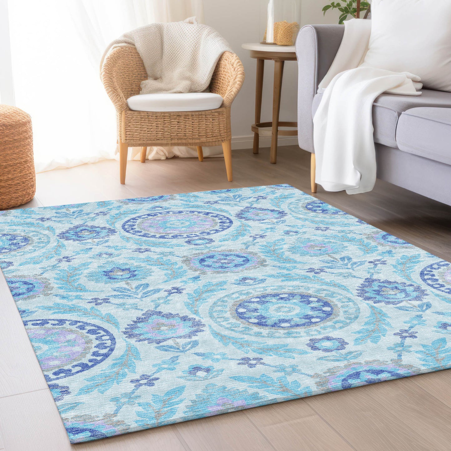 5' X 8' Sky Blue And Lavender Floral Washable Indoor Outdoor Area Rug-7