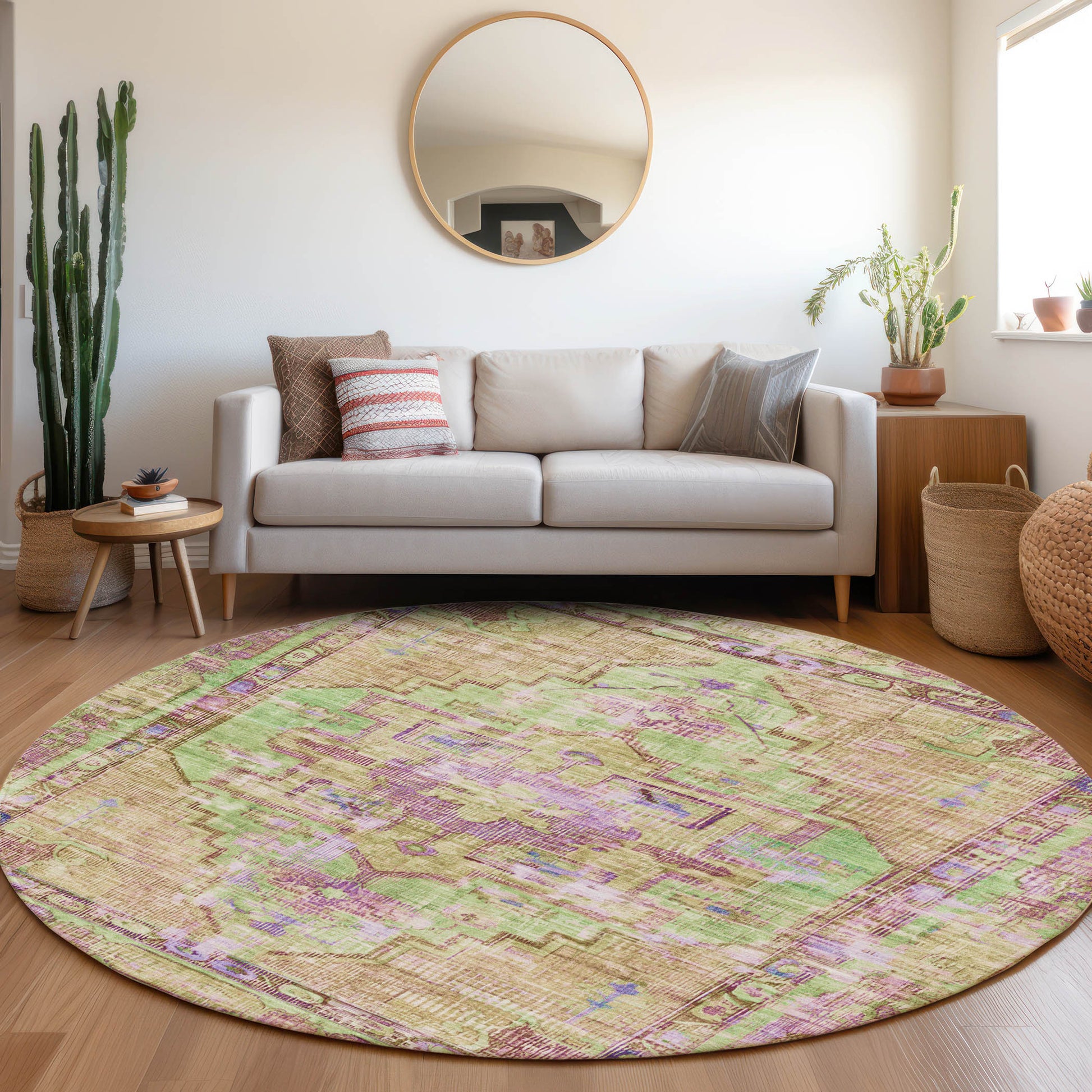 8' Lime Green Purple And Beige Round Oriental Washable Indoor Outdoor Area Rug-6